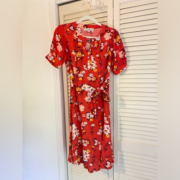 Bright coral floral short sleeve midi dress by Loft Size 2P - Picture 1 of 7